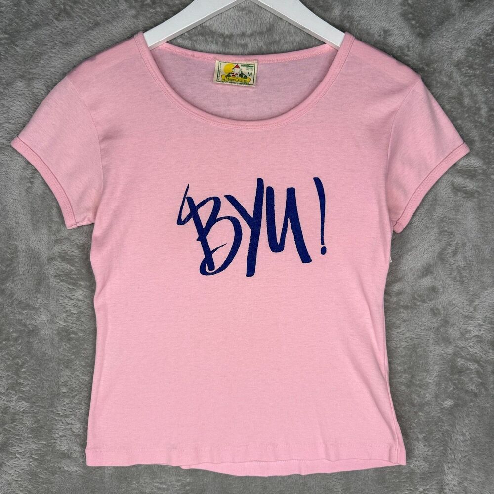 Vtg 70s BYU Cougars T-Shirt Womens Medium Pink Tee Moon Castles Velva Sheen